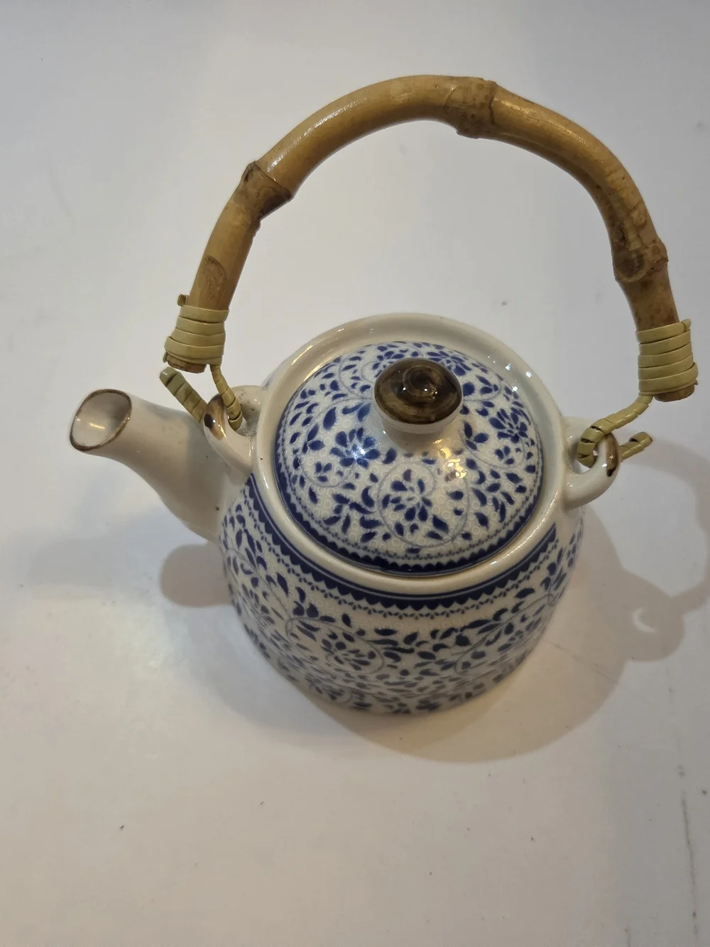 Vintage Chinese Blue and White Porcelain Teapot with Bamboo Handle - Floral Chin